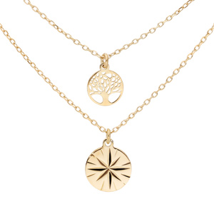 Collier en argent rhodié et dorure jaune double chaîne avec pendentif médaille avec soleil diamanté