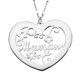 Collier en argent rhodié chaîne avec pendentif coeur ajouré Maman 40+5cm