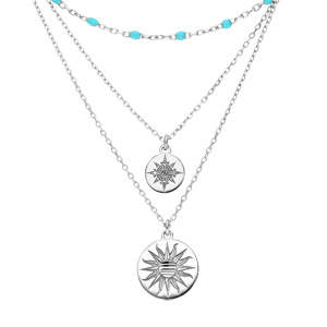 Collier en argent rhodié triple rangs avec pendentif médailles et perles bleue 40+5cm