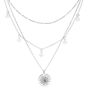 Collier en argent rhodié triple rangs avec pastille soleil, oxydes blancs et cubes 40+5cm