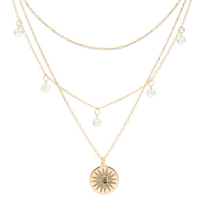 Collier en argent et dorure jaune triple rangs avec pastille soleil, oxydes blancs et cubes 40+5cm