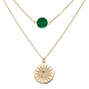 Collier en argent et dorure jaune double chaîne pastille soleil diamantée et Malachite véritable 40+