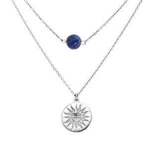 Collier en argent rhodié double chaîne pastille soleil diamantée et pierre Lapis Lazuli véritable 40