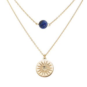 Collier en argent et dorure jaune double chaîne pastille soleil diamantée et pierre Lapis Lazuli vér