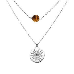 Collier en argent rhodié double chaîne pastille soleil diamantée et Oeil du Tigre véritable 40+5cm