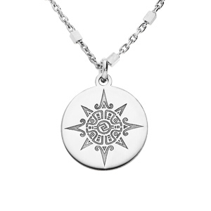 Collier en argent rhodié chaîne avec pendentif pastille soleil aztèque 40+5cm