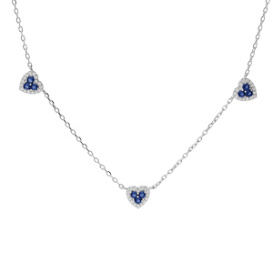 Collier en argent rhodié chaîne avec coeurs oxydes bleus et blancs sertis 42+3cm
