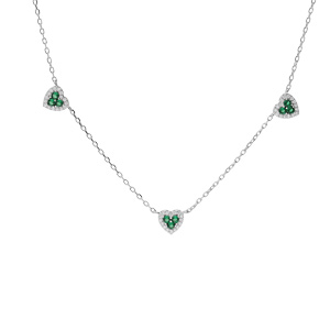 Collier en argent rhodié chaîne avec coeurs oxydes verts et blancs sertis 42+3cm