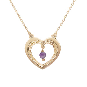 Collier en argent rhodié et dorure jaune chaîne avec pendentif coeur évidé diamanté et Amethyste 42+