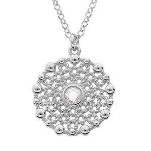 Collier en argent rhodié chaîne avec pendentif cercle ajouré oxyde blanc central 38+5cm