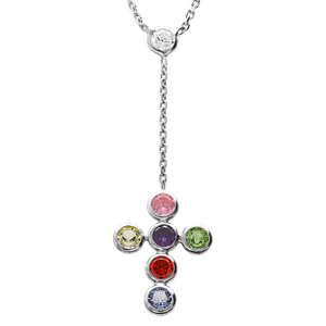 Collier en argent rhodié chaîne avec pendentif croix multi couleur 38+5cm