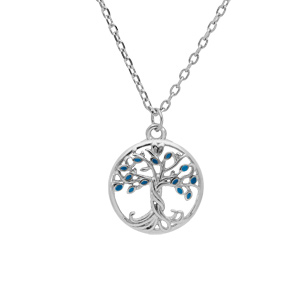 Collier en argent rhodié chaîne avec pendentif arbre de vie couleur bleue 40+4cm