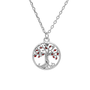 Collier en argent rhodié chaîne avec pendentif arbre de vie couleur rouge 40+4cm