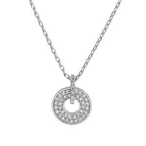 Collier en argent rhodié chaîne avec pendentif forme rondelle pavée d’oxydes blancs sertis 40+5cm