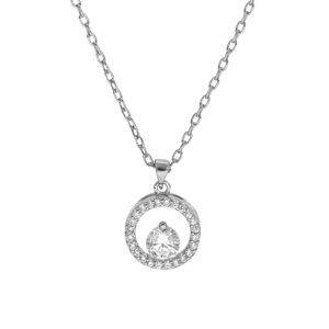 Collier en argent rhodié chaîne avec pendentif forme rondelle pavée d'oxydes blancs sertis et 1 oxyd