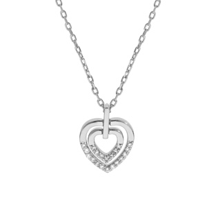 Collier en argent rhodié chaîne avec pendentif coeur et oxydes blancs sertis 40+5cm
