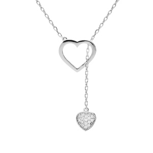 Collier en argent platiné coeur évidé et pampille coeur oxydes blancs sertis 41+3cm
