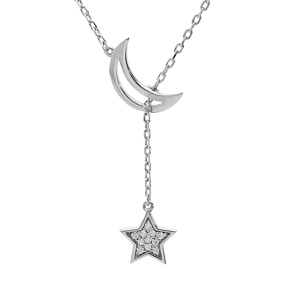 Collier en argent platiné lune évidée et pampille étoile oxydes blancs sertis 41+3cm