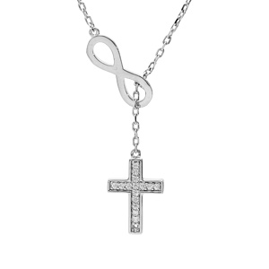 Collier en argent platiné infini et croix oxydes blancs sertis 41+3cm