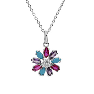 Collier en argent rhodié chaîne avec pendentif fleur oxydes multi couleurs 42+3cm