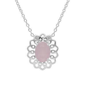 Collier en argent rhodié chaîne avec pendentif motif fleur pierre rose 42+3cm