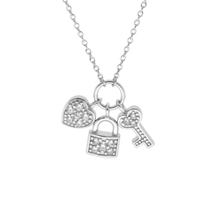 Collier en argent rhodié chaîne avec breloques cadenas coeur clefs oxydes blancs 42+3cm