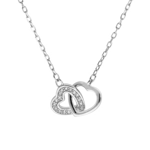 Collier en argent rhodié chaîne avec 2 coeurs entrelacés 1 lisse et 1 avec oxydes blancs sertis 40+5cm