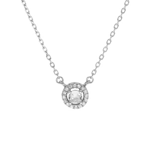 Collier en argent rhodié chaîne avec pendentif cercle pavé d’oxydes blancs sertis et au centre 1 oxyde blancs sertis 40+5cm