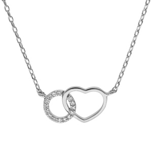 Collier en argent rhodié chaîne avec cercle pavé d'oxydes blancs sertis entrelacé avec coeur lisse 4