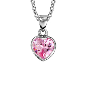 Collier en argent rhodié chaîne avec pendentif coeur en oxyde rose serti clos - longueur 40cm + 4cm 