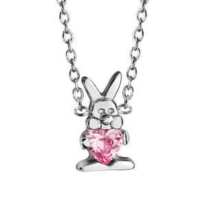 Collier pour enfant en argent rhodié chaîne avec pendentif lapin tenant 1 oxyde rose – longueur 36cm + 2cm de rallonge
