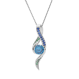 Collier en argent rhodié chaîne avec pendentif boucle avec oxydes bleus et verts et oxyde centarle b