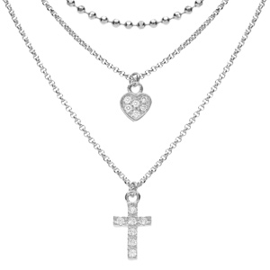 Collier en argent rhodié triple chaîne avec pendentifs coeur et croix 35+5cm