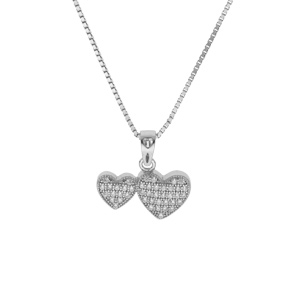 Collier en argent rhodié chaîne avec pendentif double coeur oxydes blancs sertis 40+5cm