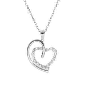 Collier en argent rhodié chaîne avec pendentif grand coeur avec coeur d'oxydes blancs sertis 40+5cm