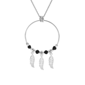 Collier en argent rhodié chaîne avec pendentif anneau 23mm avec boules lisses noires et pampilles plumes 40+4cm