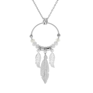 Collier en argent rhodié chaîne avec pendentif anneau 15mm avec boules blanches et pampilles plumes