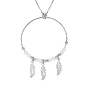 Collier en argent rhodié chaîne avec pendentif anneau 28mm boules blanches pampille 3 plumes 40+4cm