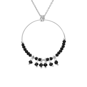 Collier en argent rhodié chaîne avec pendentif anneau 35mm avec boules lisses noires pampilles noire