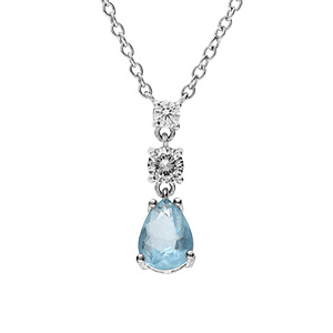 Collier en argent rhodié chaîne avec pendentif oxydes ronds blancs sertis et goutte bleu ciel 42+3cm