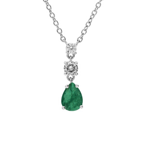 Collier en argent rhodié chaîne avec pendentif oxydes ronds blancs sertis et goutte oxyde vert foncé 42+3cm