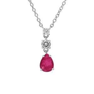 Collier en argent rhodié chaîne avec pendentif oxydes ronds blancs sertis et goutte oxyde fushia 42+3cm