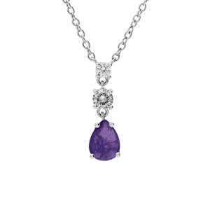 Collier en argent rhodié chaîne avec pendentif oxydes ronds blancs sertis et goutte oxyde violet 42+