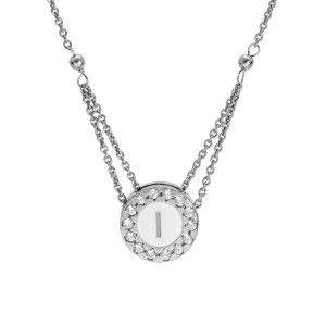 Collier en argent rhodié chaîne avec pendentif rond initiale I recto fond blanc et verso noire avec contour oxydes blancs sertis 40+5cm