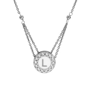 Collier en argent rhodié chaîne avec pendentif rond initiale L recto fond blanc et verso noire avec