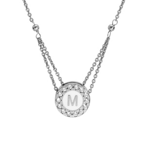 Collier en argent rhodié chaîne avec pendentif rond initiale M recto fond blanc et verso noire avec