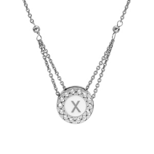 Collier en argent rhodié chaîne avec pendentif rond initiale X recto fond blanc et verso noire avec contour oxydes blancs sertis 40+5cm