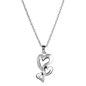 Collier en argent rhodié chaîne avec pendentif 3 coeurs découpés dont 1 ouvragé – longueur 42cm + 3cm de rallonge