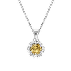 Collier en argent rhodié chaîne avec pendentif 5mm fleur avec oxydes couleur jaune et blancs sertis