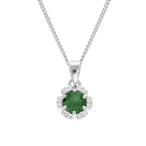 Collier argent rhodié pendentif 5mm fleur oxydes vert foncé et blancs sertis 42+3cm